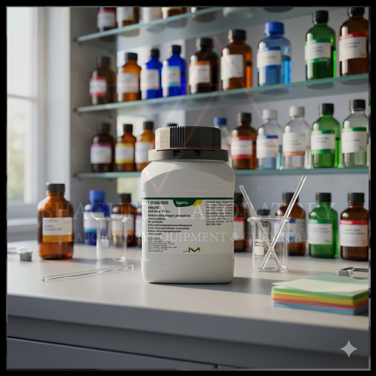 Sodium Dihydrogen Phosphate Monohydrate ACS Reag. Ph Eur Supelco merupakan bahan kimia laboratorium analytical grade berkualitas tinggi untuk kebutuhan phosphate buffer, analisis laboratorium, quality control (QC), penelitian, pendidikan, dan aplikasi industri profesional.